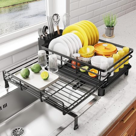 Extra-long extendable stainless steel kitchen dish drying rack